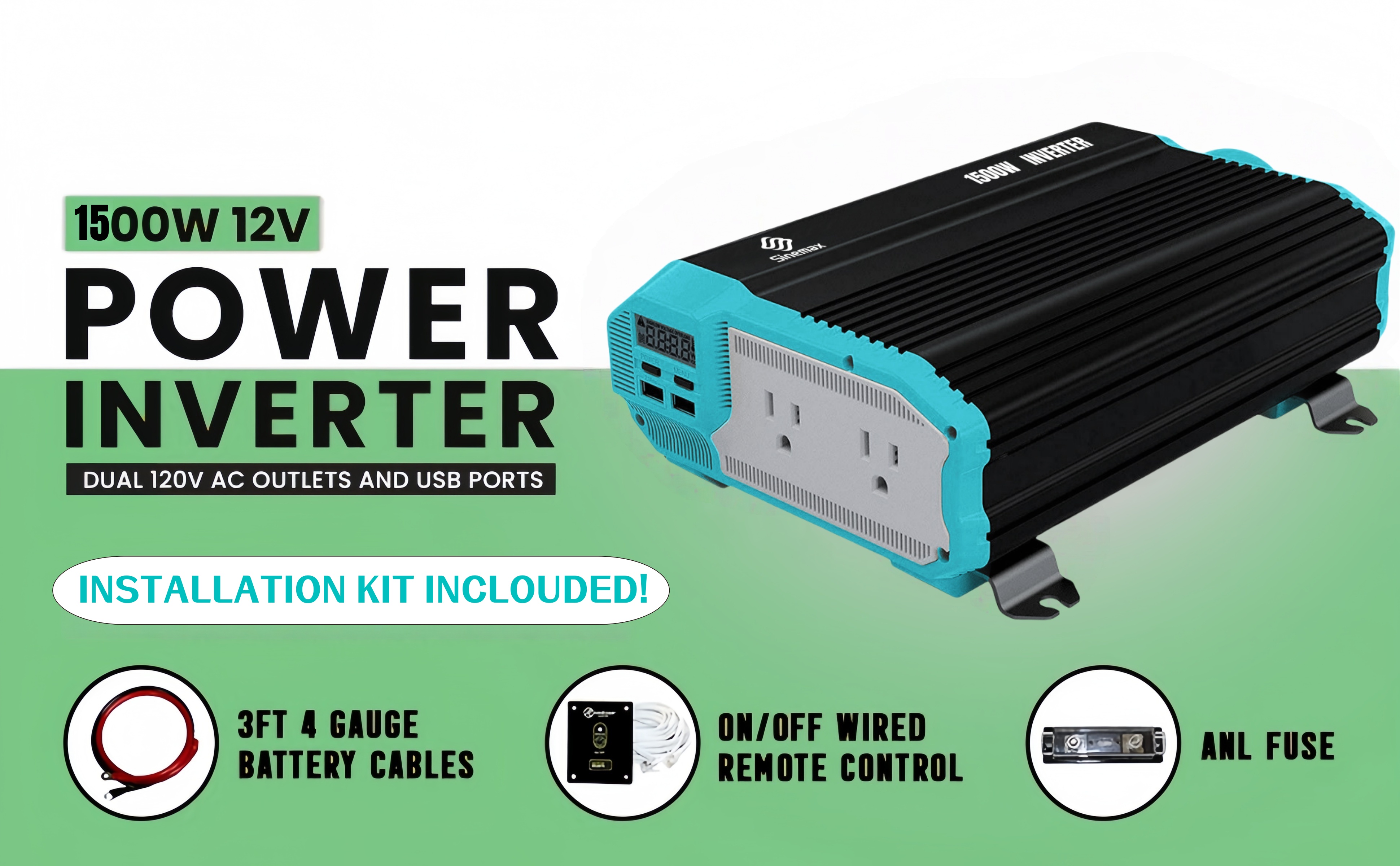 1500W 12V 110V DC à AC Onduleur de puissance d'onde sinusoïdale modifiée avec efficacité Max 90%