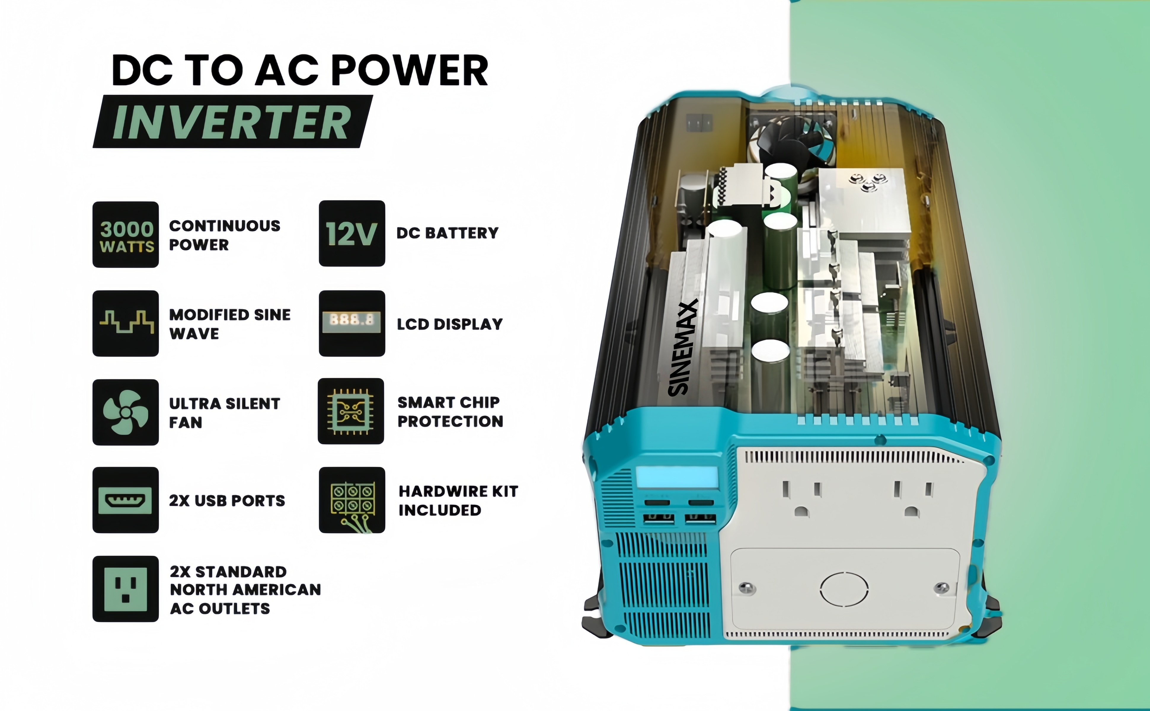 3000W 12V 110V DC à AC Modified Sine Wave Power Power Contrôle câblé libre Contrôle