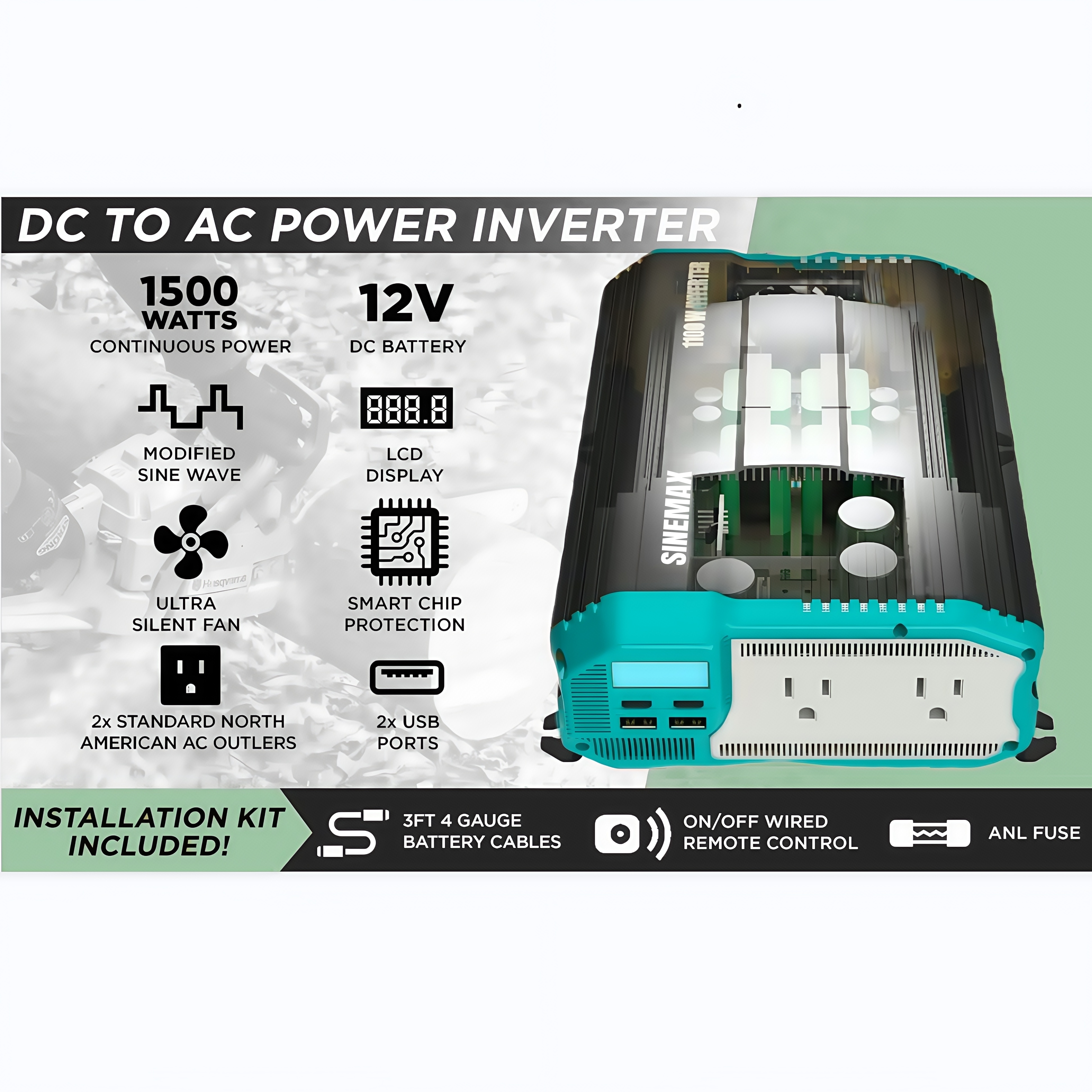 1500W 12V 110V DC à AC Onduleur de puissance d'onde sinusoïdale modifiée avec efficacité Max 90%