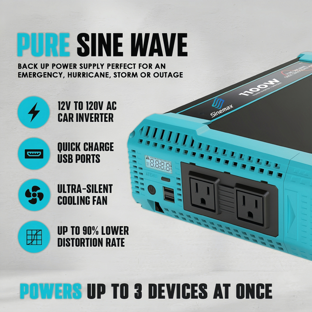1100W Off Grid Pure Sine Wave Power Inverter DC12v To AC 110v US Socket