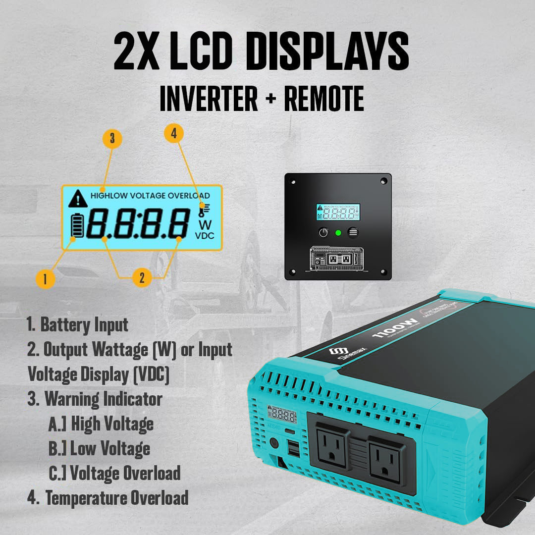 1100W Off Grid Pure Sine Wave Power Inverter DC12v To AC 110v US Socket