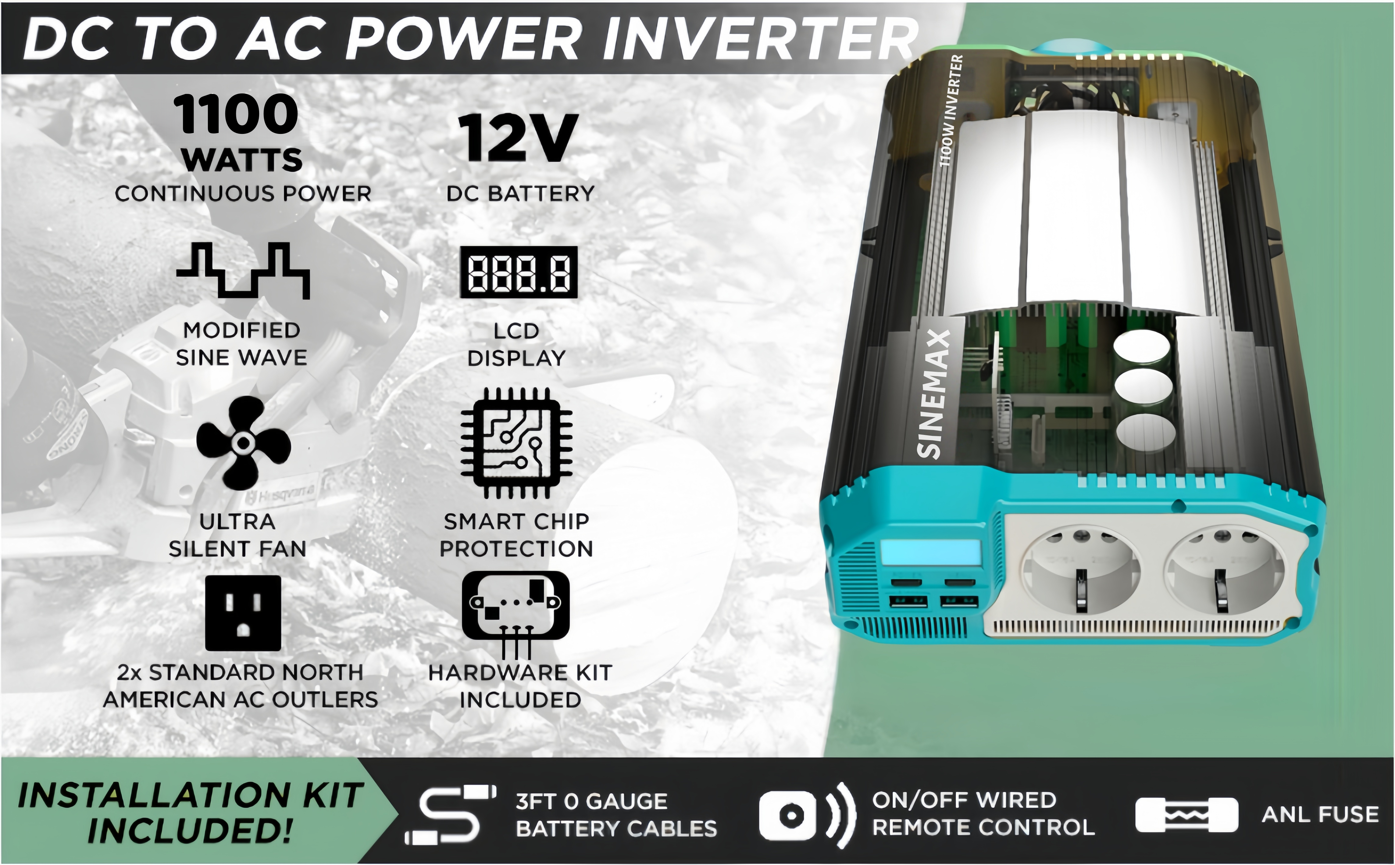 1100W 12v 230V DC à AC Onduleur de puissance à onde sinusoïdale modifiée avec certification CE / ICE