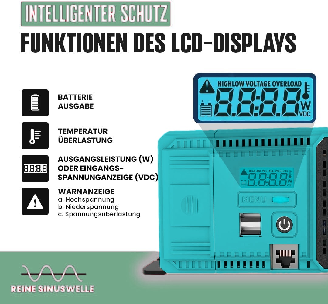 1100W Off-Grid Pure Sine Wave Power Power Owled Inverter DC12V to AC 220V EU POITE avec mode ECO et télécommande